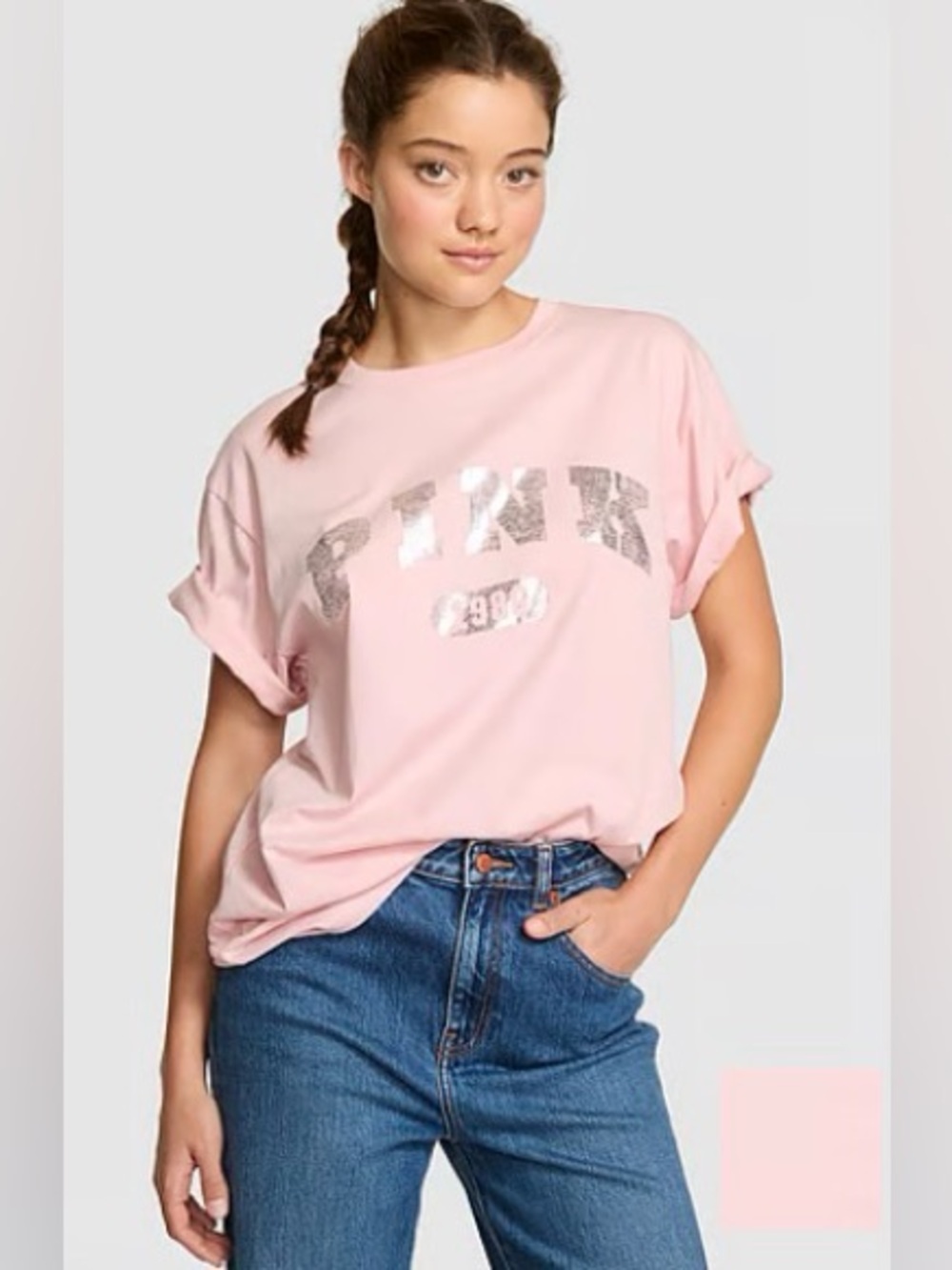 PINK Victoria's Secret Campus Cotton Foiled Graphic T-Shirt in Light Pink
